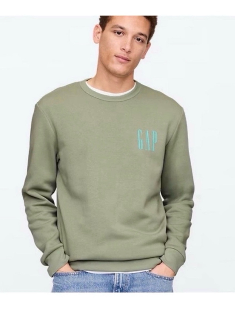 GAP Men's Olive Green Crewneck Sweatshirt with Mint Logo